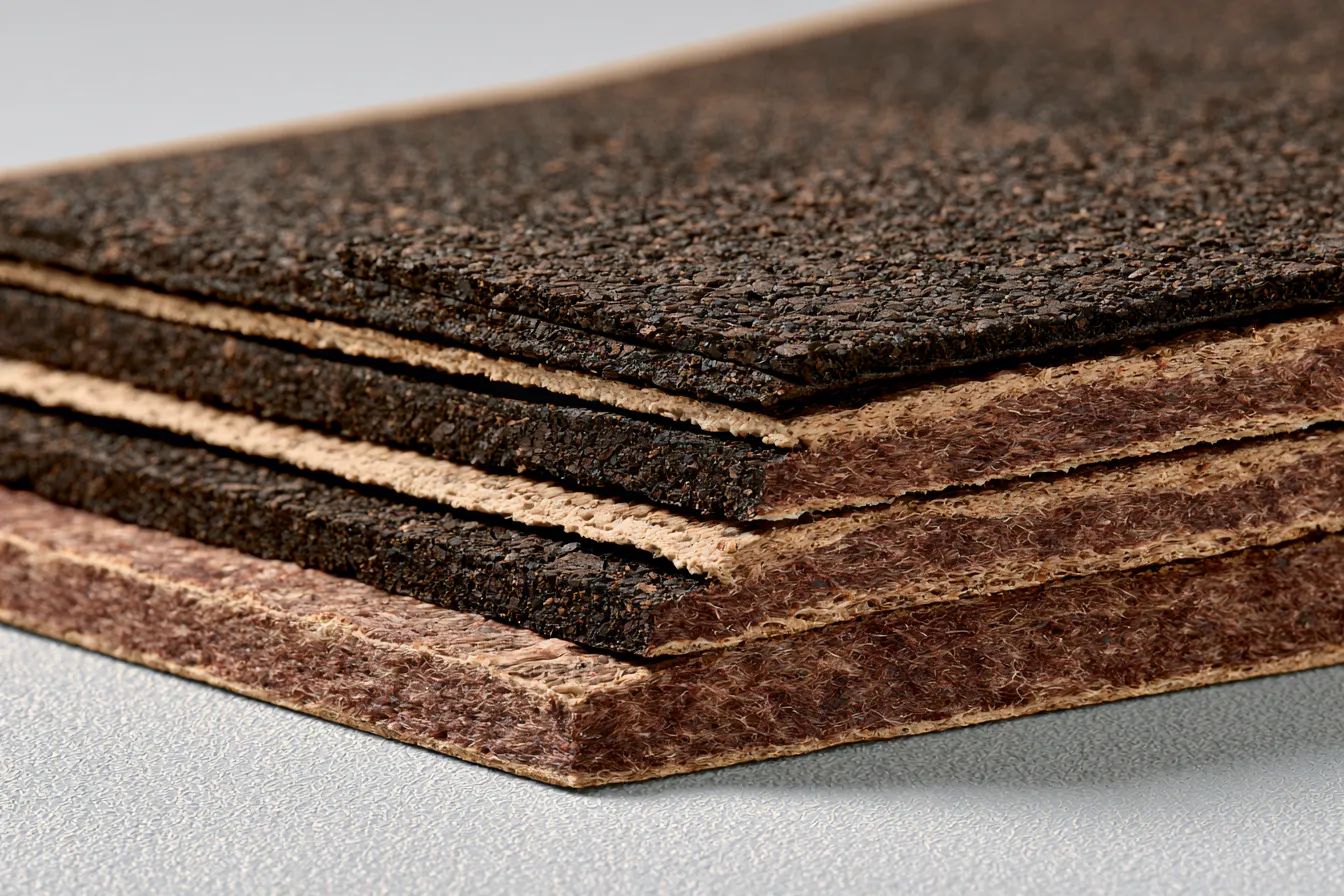 Cross-section stack of asphalt shingle samples showing layered material construction
