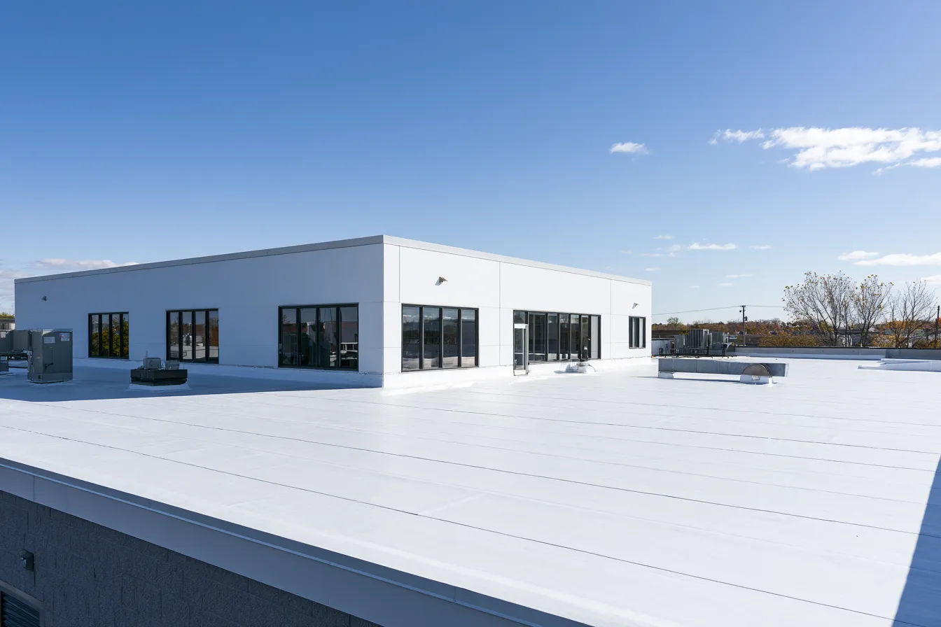 White membrane roof on a single-story office building with rooftop units