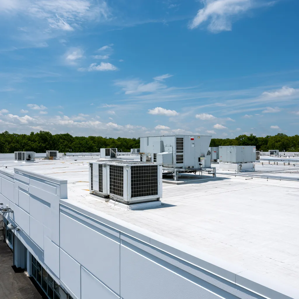 Large white commercial roof lined with rows of HVAC units