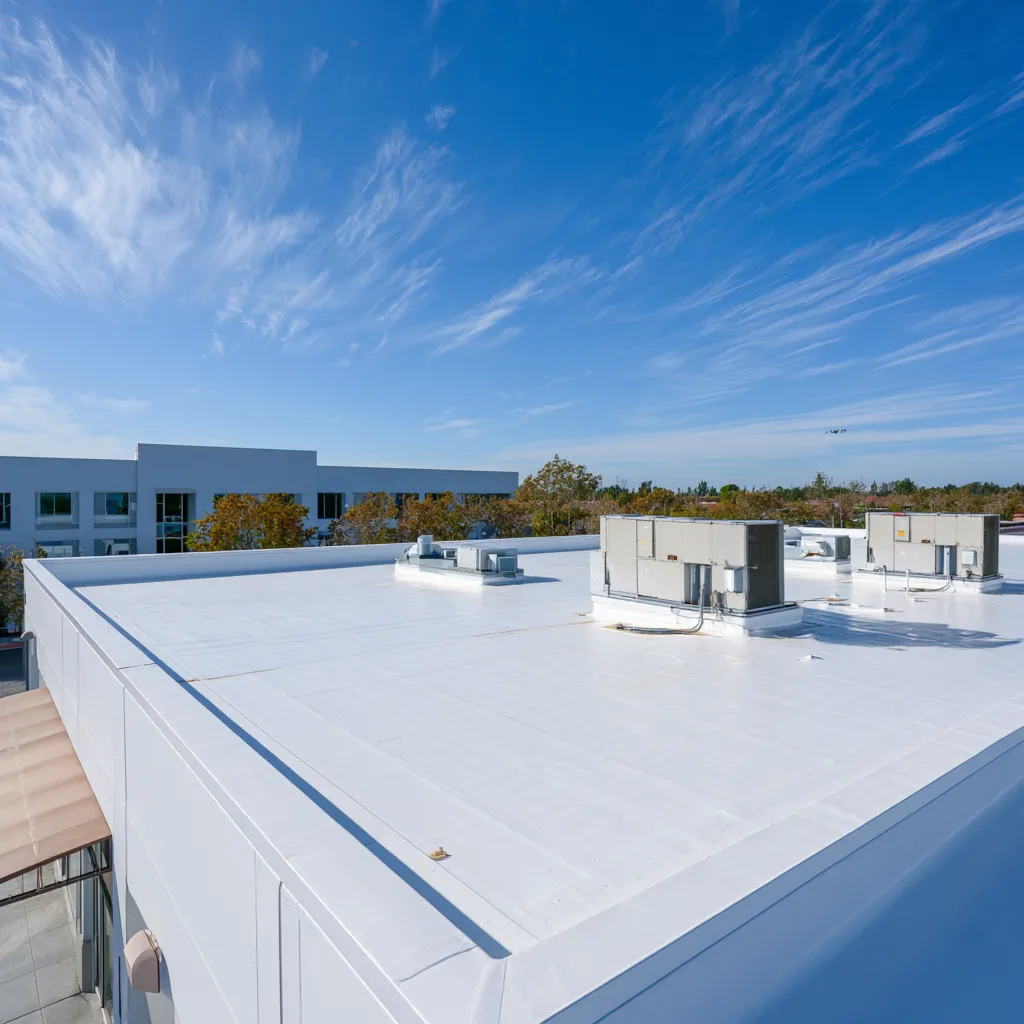 Packaged HVAC units on a flat commercial roof near an office building