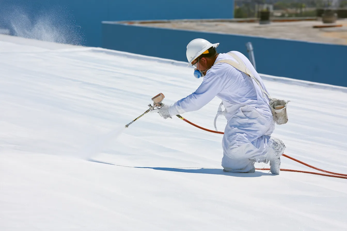 Worker in protective gear spray coating a white commercial roof