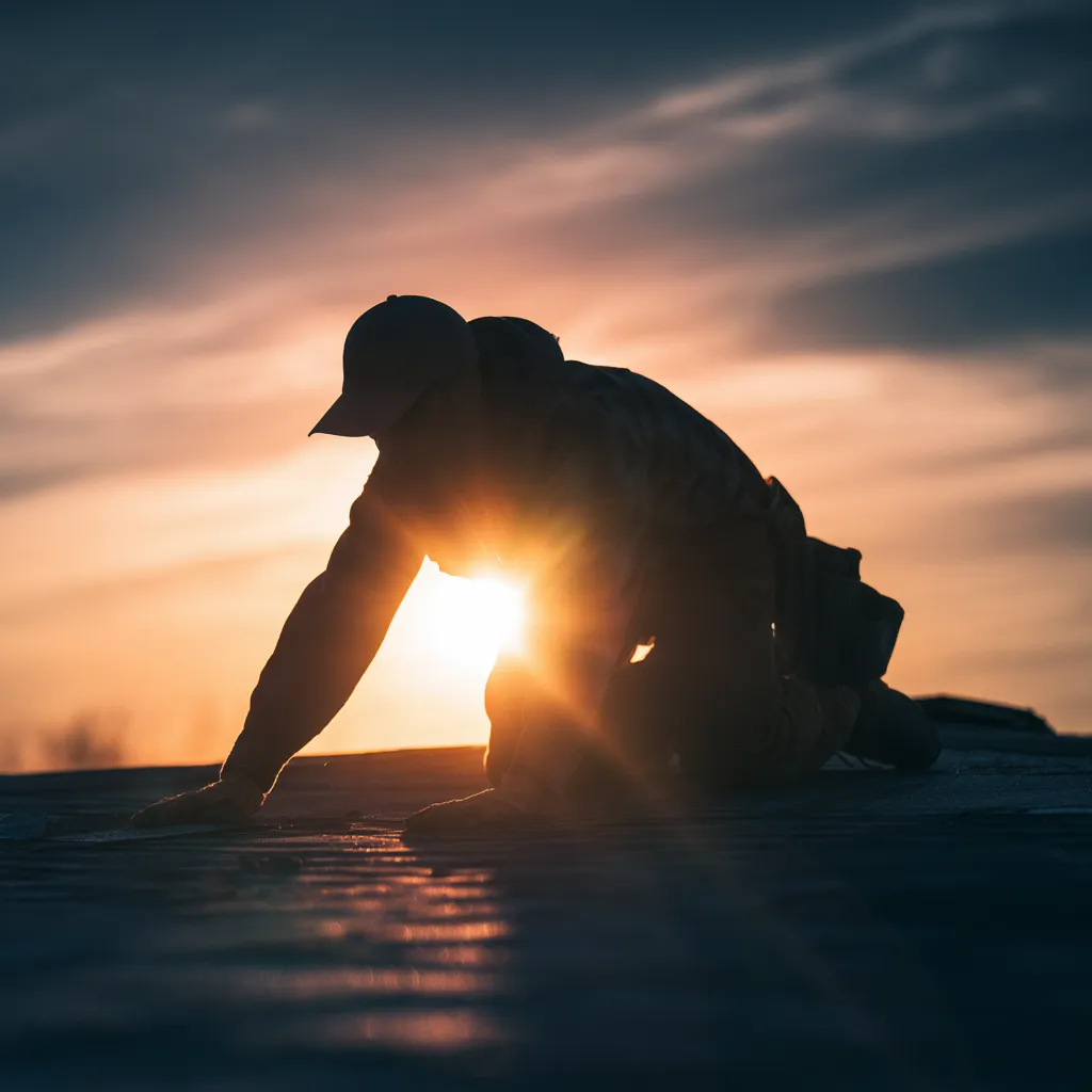 A roofer silhouetted against a low sun on a rooftop