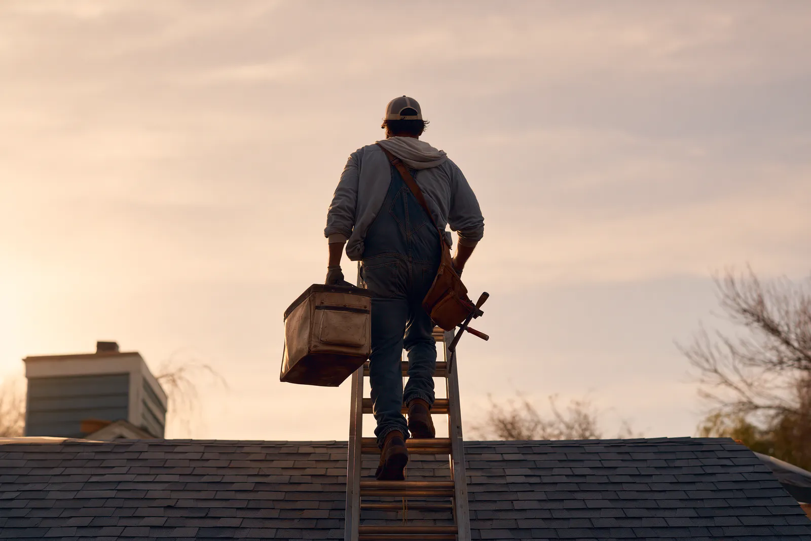 Carrying a toolbox a roofer ascends a ladder onto a rooftop at dusk