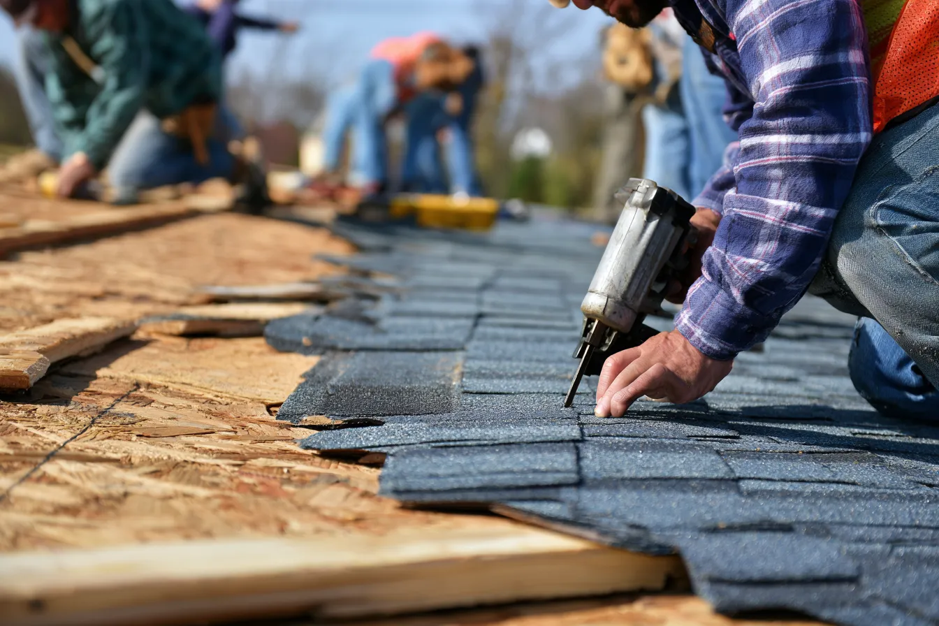 Fresh plywood decking being covered with dark shingles by roofers