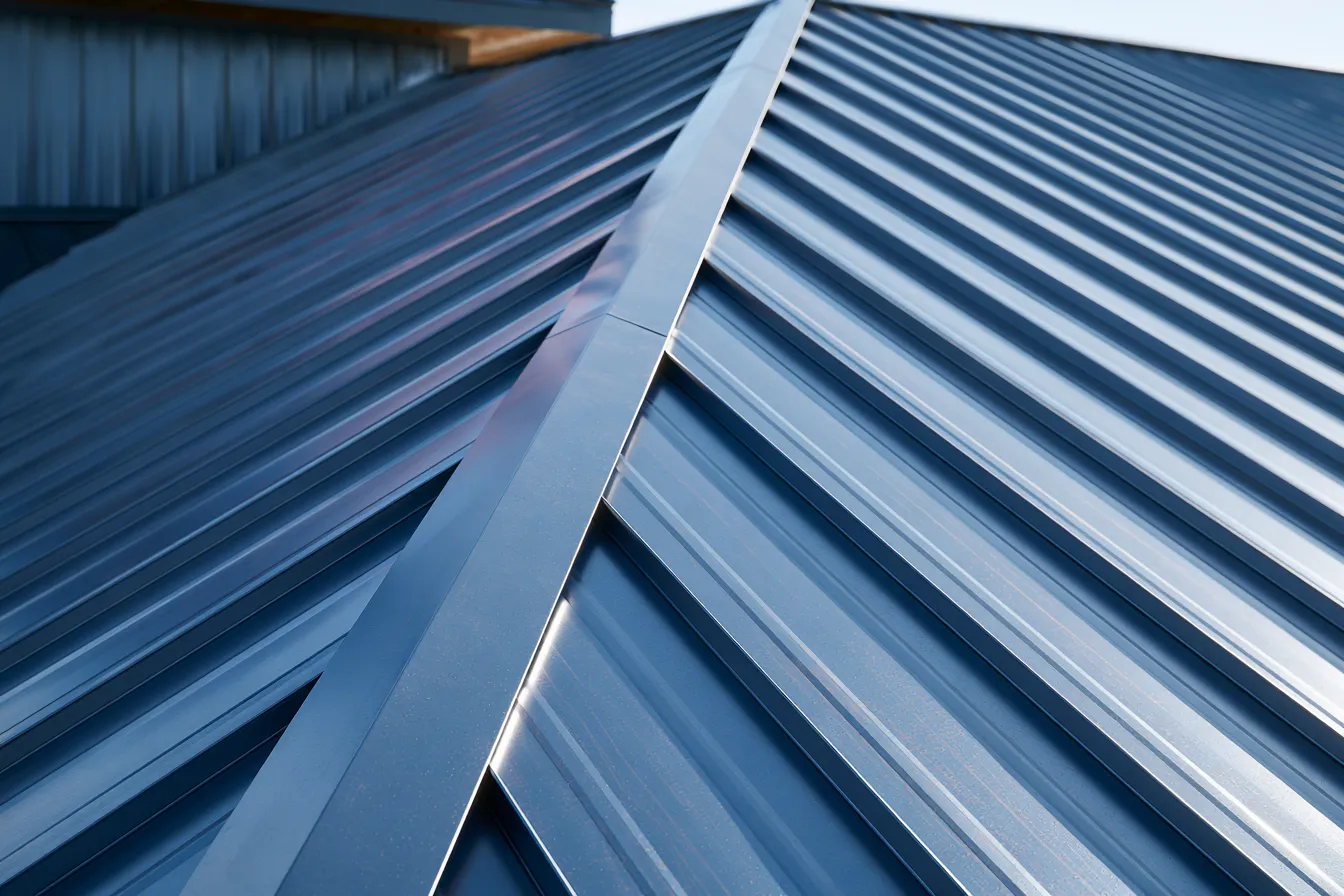 Standing seam metal roof panels in dark blue-gray rising to a raised seam under clear sky