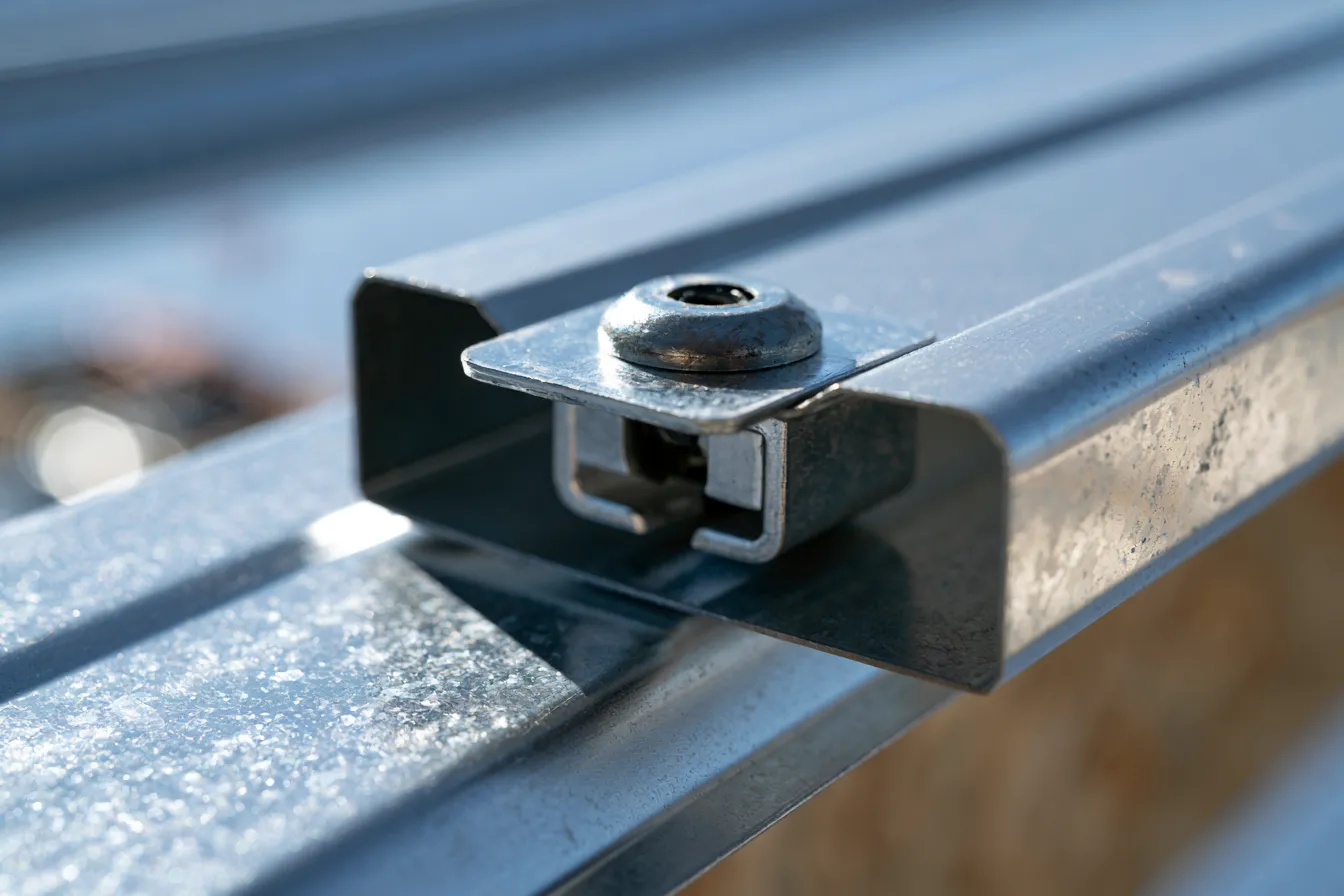 Close-up of a metal roof panel clip and screw fastening standing seam panels together