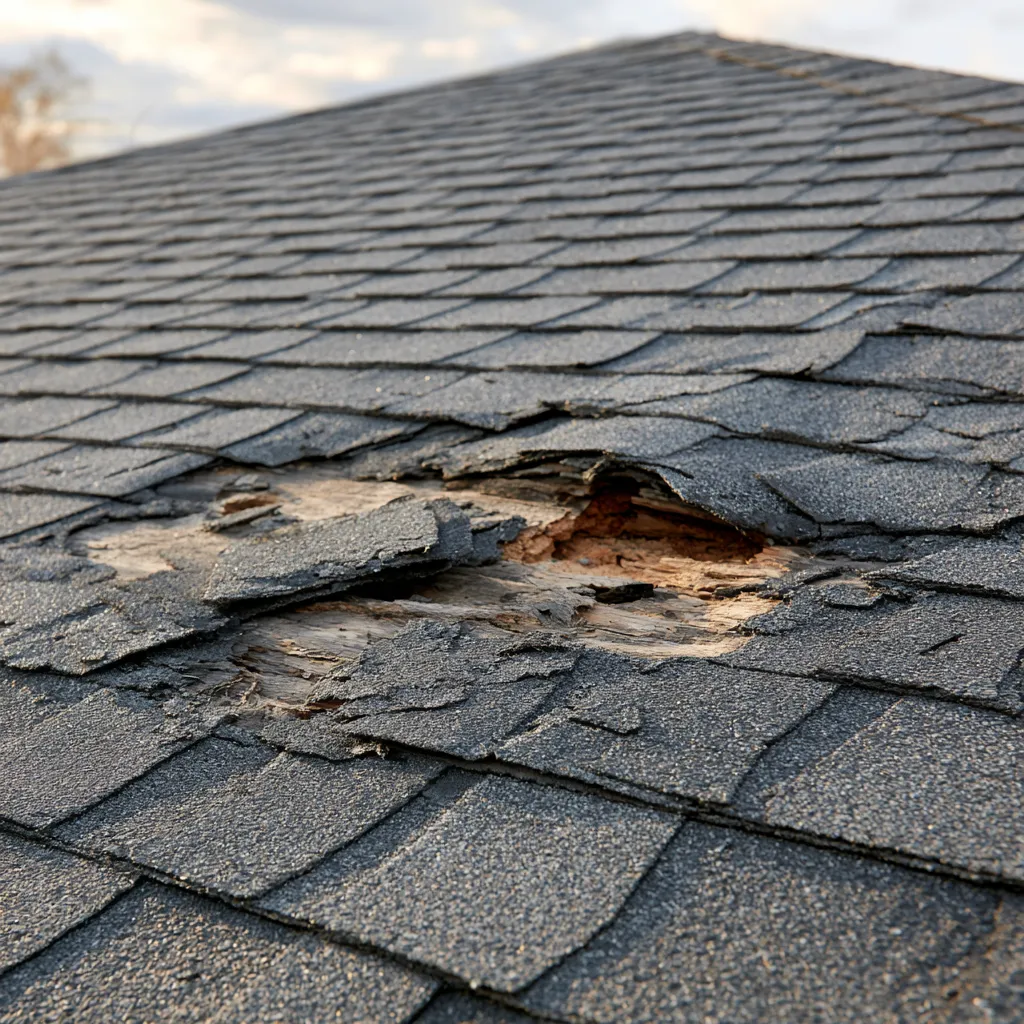 Dark shingles with a hole that reveals splintered decking