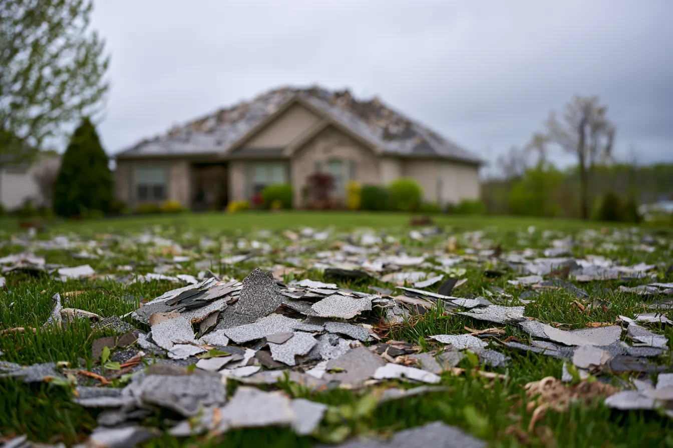 Broken shingle fragments litter a lawn in front of a storm-damaged house roof