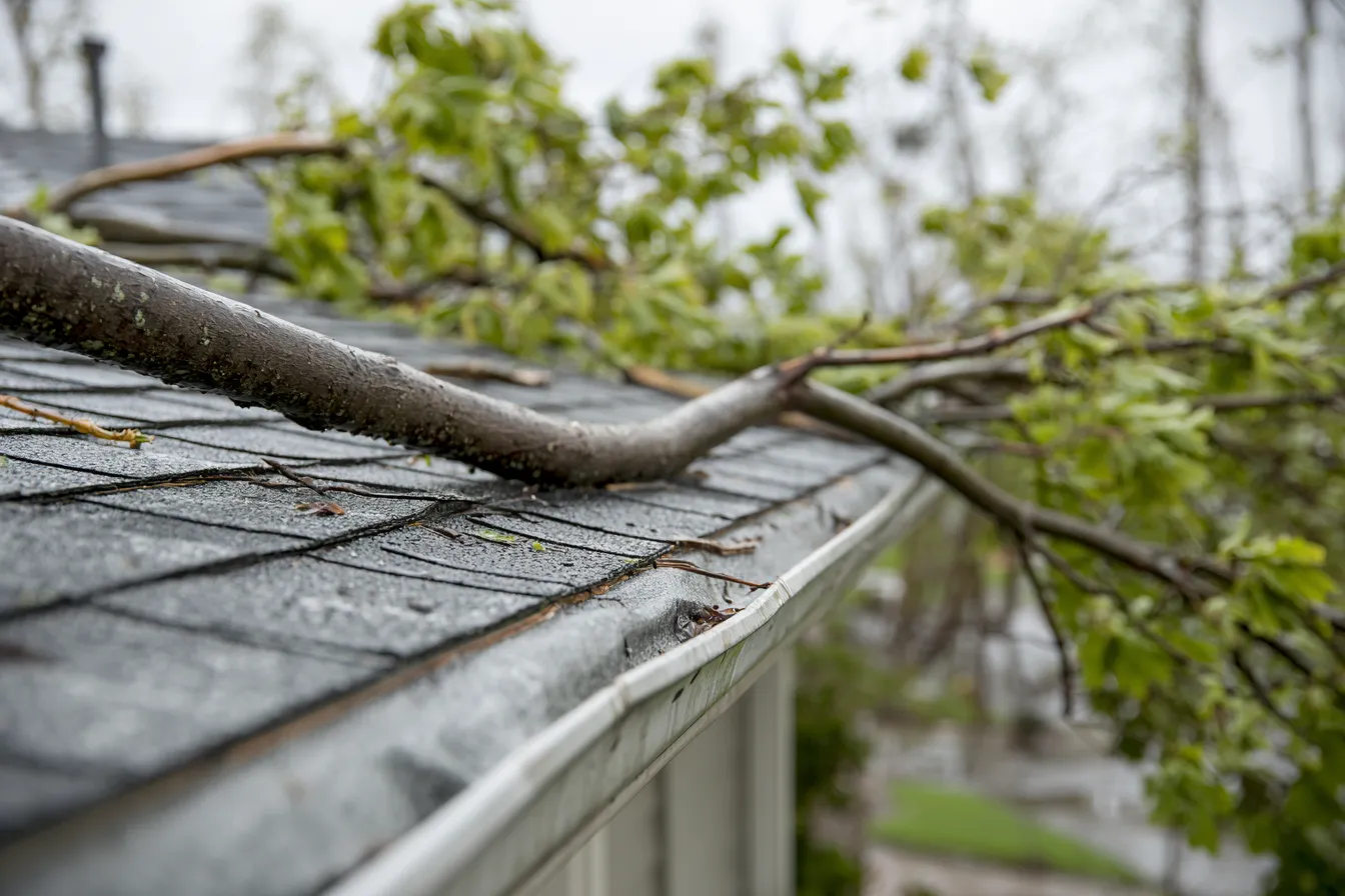A fallen tree limb rests across a shingle roof edge and gutter